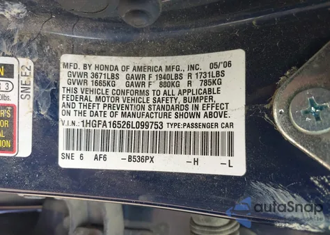 2006 Honda Civic Lx из США, поврежденный, VIN 1HGFA16526L099753